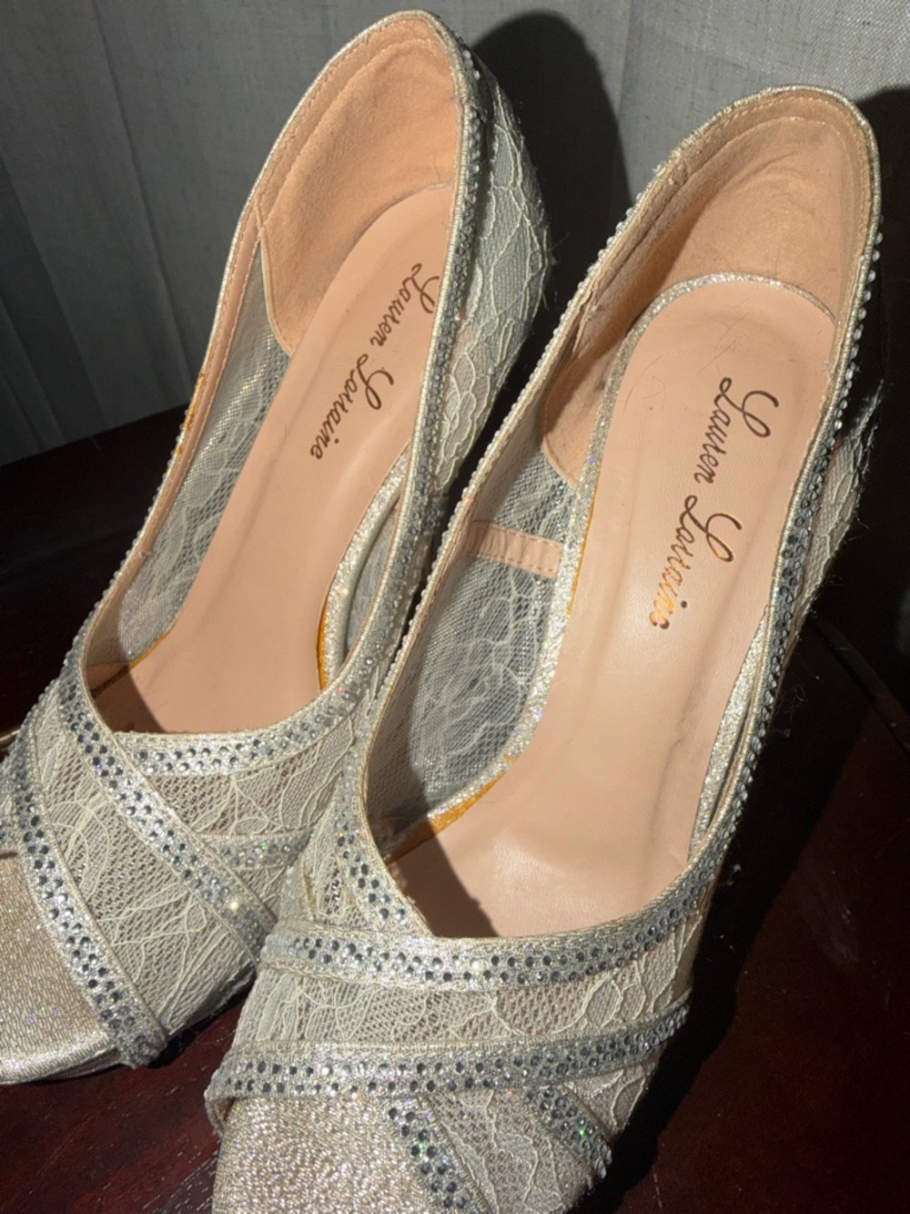 Lauren Lorraine Silver Lace Peep-Toe High Heels with Rhinestone Trim - Picture 4 of 7
